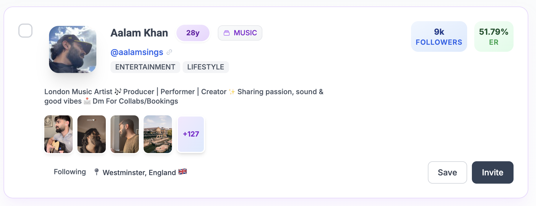 Music influencer profile on Social Cat