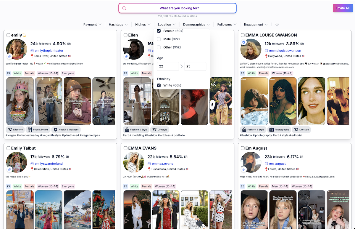 Social Cat platform — find and invite creators from a database of 500K+ influencers