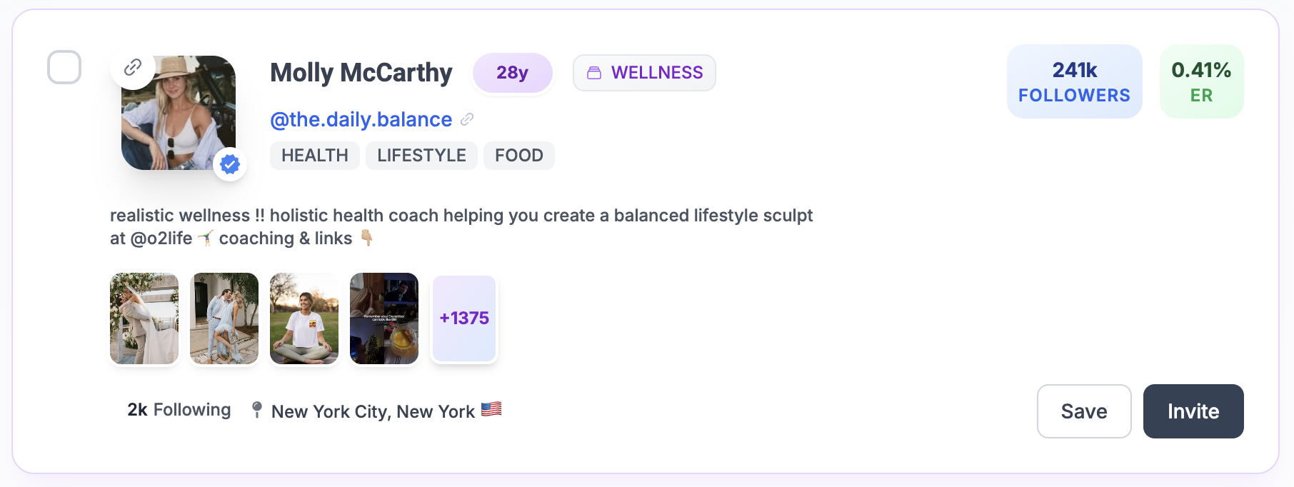 Wellness influencer profile on Social Cat